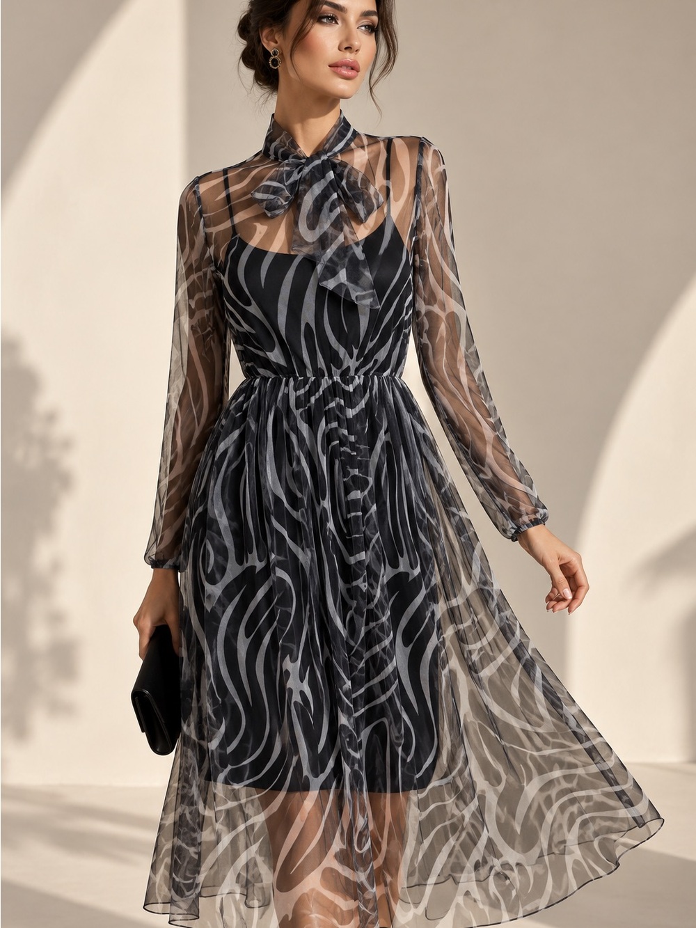 Chiffon Tie-Neck Long Sleeve Black & Gray A-Line Dress